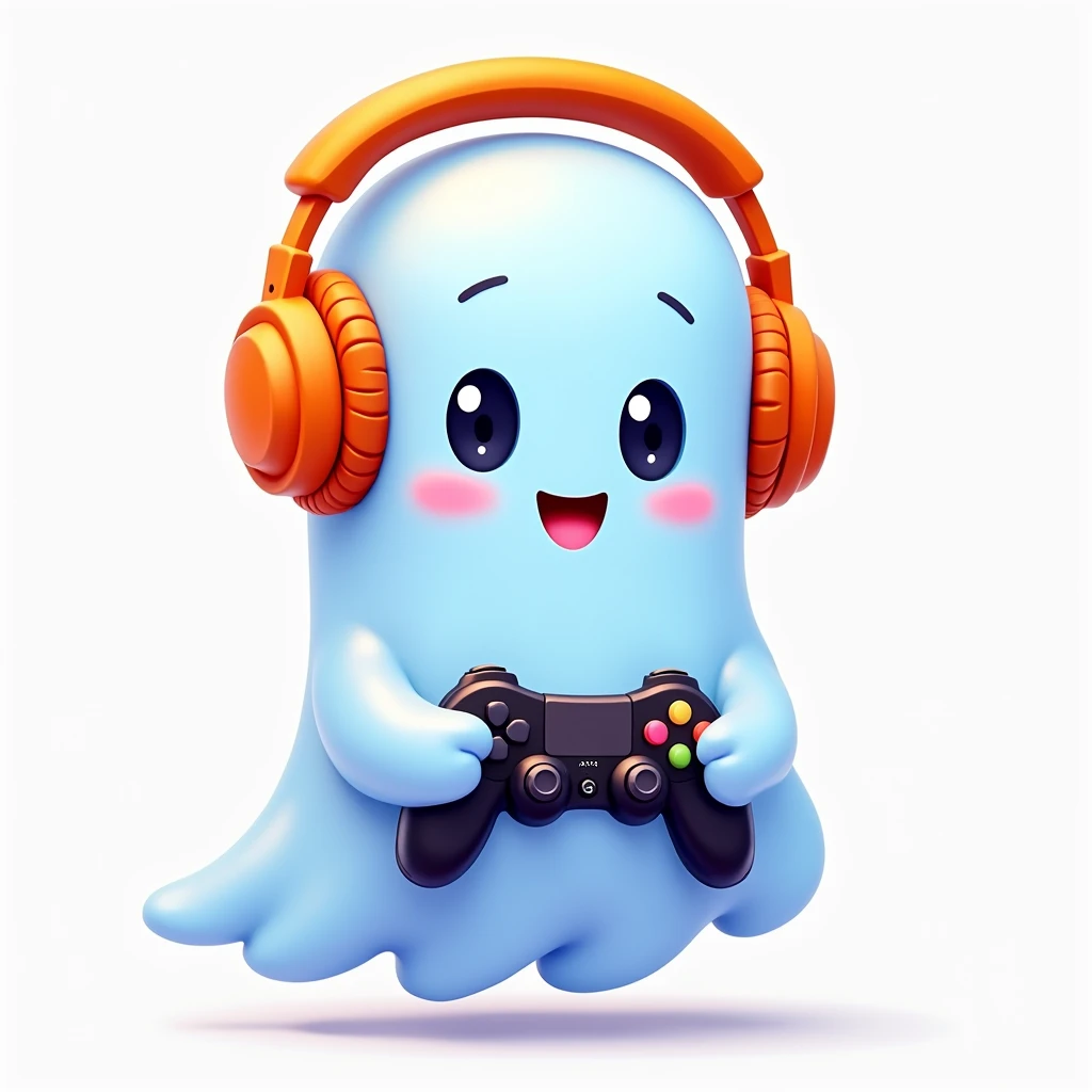 ((best quality)), ((masterpiece)), (detailed), ghost with orange headphones, holding a gaming controller, high res, ultrasharp, 8k, masterpiece, looking at camera,, transparent background, androgynous, smiling, for a gaming logo, cartoon drawing