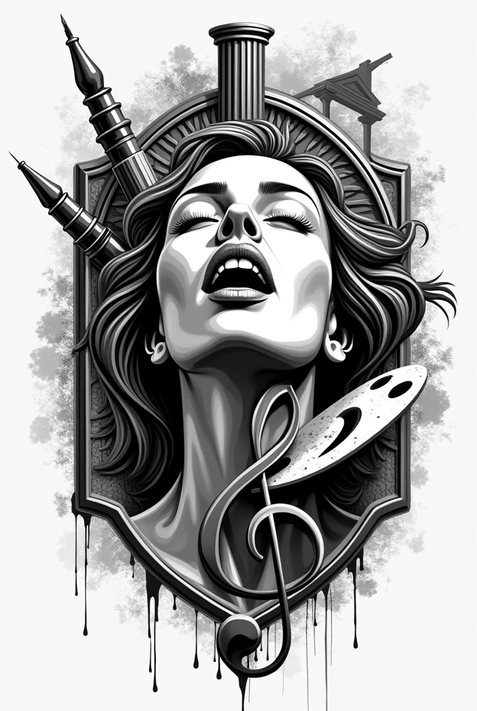 Create a black and white stamp logo
Pen
Painting palette
Theater mask
Camera
Symbols of architecture
Screaming of female face and the treble clef