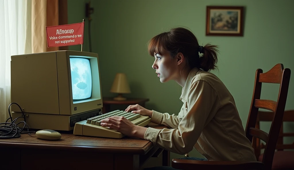 Background and setting: A room with ordinary furniture and a table, on which the old computer stands. There is a chair next to the computer, Where a woman sits with a worried expression on her face.

Characters:

woman: Appearance can be made expressive, to show её растерянность. She can stand with her hands on her hips and tilt her head slightly, As if she's desperate.
computer: Old model with big buttons, screen and wires. You can add a little comic expression, to emphasize, that he "doesn&#39;t listen".
scene:

A masterpice: Smiling restrainedly, Standing next to the computer. You can draw it with an expressive gesture, As if he's explaining to the woman, That the computer cannot recognize voice commands.
Dialogue bubbles: woman говорит: "Open the internet!", And in response to this, an empty cloud or just a chilling look can come out of the computer, to show, that he "doesn&#39;t listen".
Elements of humor: Add some small details, to emphasize комичность ситуации — например, Touched, But an unsolved flag with the inscription "Voice commands are not supported" On the computer screen. Inscriptions in Russian