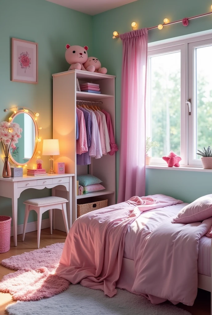 Cute pastel theme bedroom for teenager girl with closet and vanity and tv and window