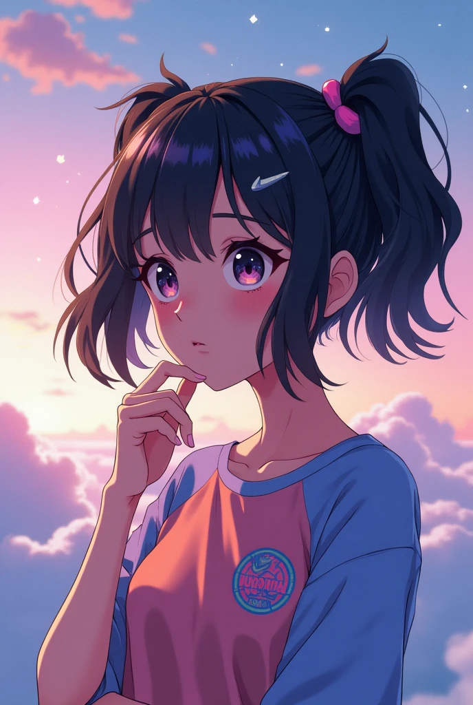  fly away, with YouTube valkyrie, Nike blouse, with round glasses cute anime Black hair with hand on chin