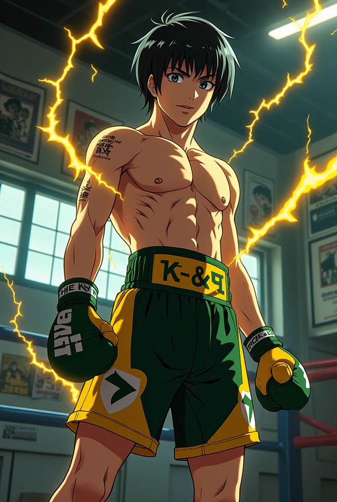 A muay Thai short that has the Rock Lee characters on it, black mouth, Zenitsu as a collage