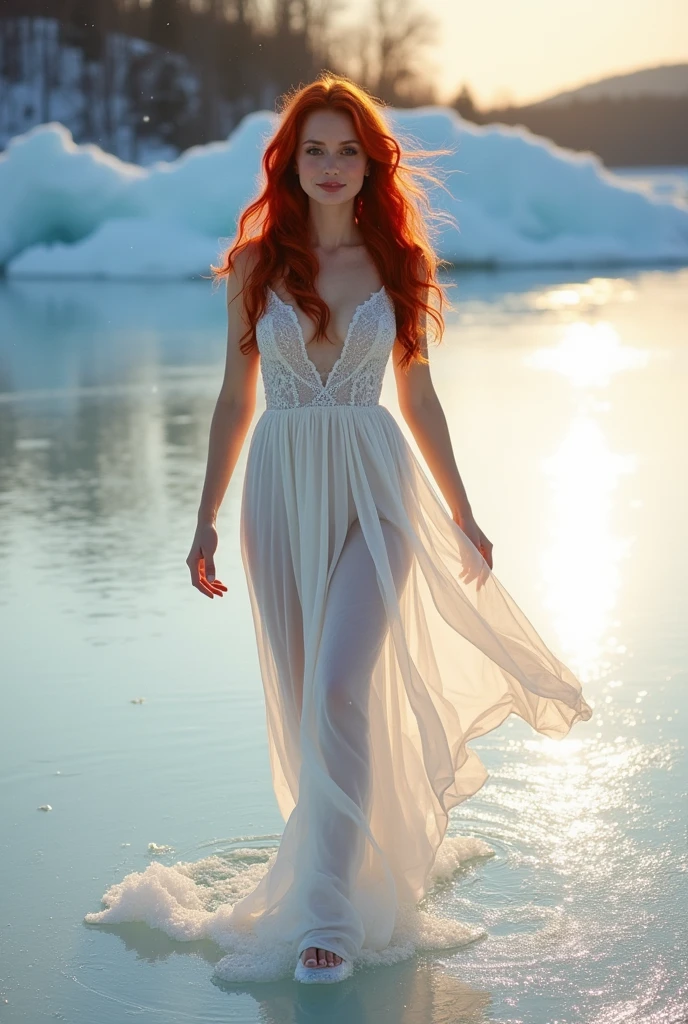 Red-haired woman, Walking naked, smiling, on a frozen lake, with a seductive look