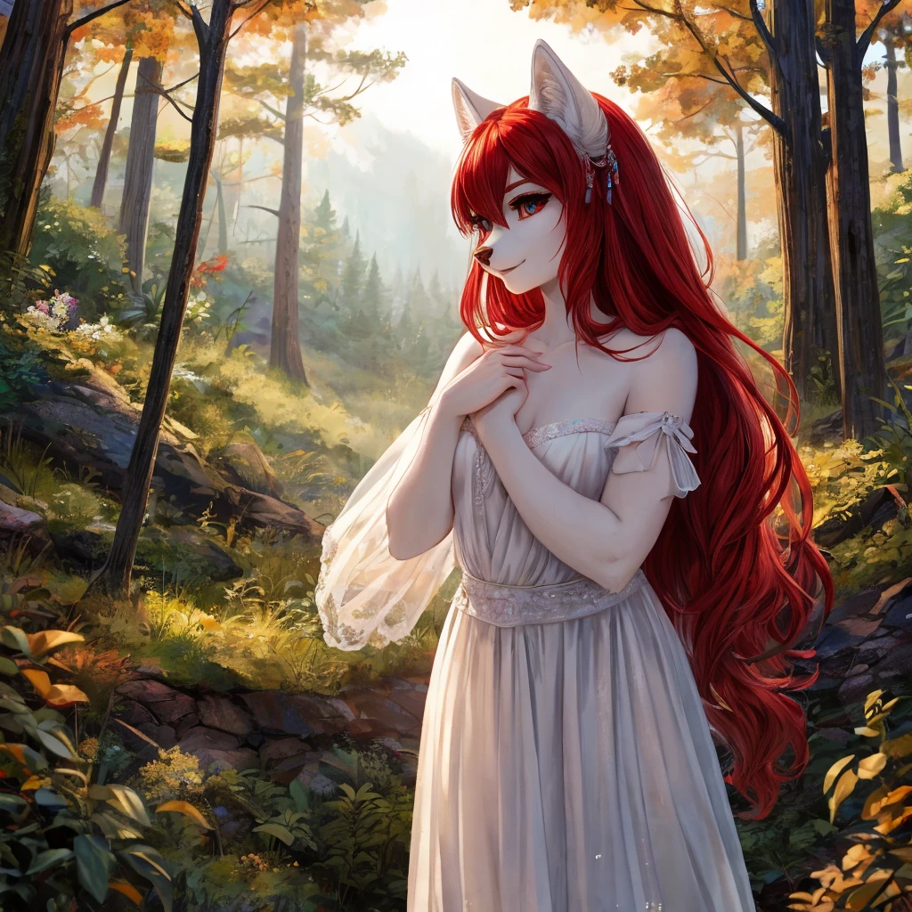 Feminine wolf, Red hair, white fur, Eyes red, wearing a white dress, forest in the background, realisitic