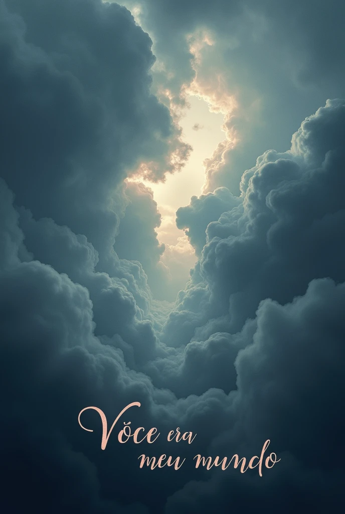 Develop a single cover titled 'VOCE ERA MEU MUNDO'. The art should evoke a feeling of melancholy and romance, aligning with the depressive and romantic style of the music.
Sky and Clouds: Depict a dramatic, cloudy sky, with dense, dark clouds, conveying the feeling of sadness and deep reflection.
Lights: Add faint, ethereal beams of light emerging through the clouds, symbolizing the memory of happy times and the hope that persists even in pain.
Environment: Use a cold color palette, such as shades of gray, blue and lilac, to create an atmosphere of sadness and longing.
Texts: Place the title 'VOCE ERA MEU MUNDO' in a delicate and sophisticated font, preferably in the lower or central corner of the image, ensuring that it integrates harmoniously with the art.
Additional details:
The cover should have a realistic and emotional style, capturing the depth of feelings expressed in the song's lyrics.
Maintain a clean, impactful design so that the visual art complements and amplifies the song's lyrical message.