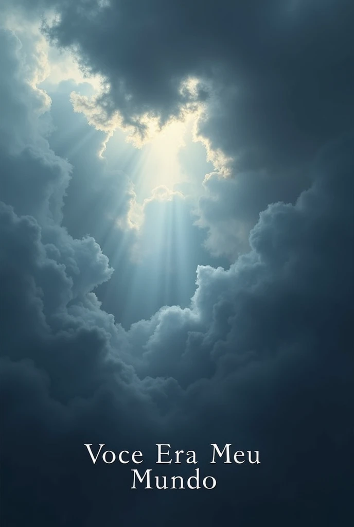Develop a single cover titled 'VOCE ERA MEU MUNDO'. The art should evoke a feeling of melancholy and romance, aligning with the depressive and romantic style of the music.
Sky and Clouds: Depict a dramatic, cloudy sky, with dense, dark clouds, conveying the feeling of sadness and deep reflection.
Lights: Add faint, ethereal beams of light emerging through the clouds, symbolizing the memory of happy times and the hope that persists even in pain.
Environment: Use a cold color palette, such as shades of gray, blue and lilac, to create an atmosphere of sadness and longing.
Texts: Place the title 'VOCE ERA MEU MUNDO' in a delicate and sophisticated font, preferably in the lower or central corner of the image, ensuring that it integrates harmoniously with the art.
Additional details:
The cover should have a realistic and emotional style, capturing the depth of feelings expressed in the song's lyrics.
Maintain a clean, impactful design so that the visual art complements and amplifies the song's lyrical message.