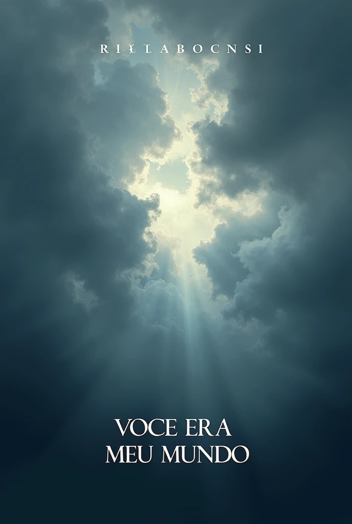 Develop a single cover titled 'VOCE ERA MEU MUNDO'. The art should evoke a feeling of melancholy and romance, aligning with the depressive and romantic style of the music.

Sky and Clouds: Depict a dramatic, cloudy sky, with dense, dark clouds, conveying the feeling of sadness and deep reflection.
Lights: Add faint, ethereal beams of light emerging through the clouds, symbolizing the memory of happy times and the hope that persists even in pain.
Environment: Use a cold color palette, such as shades of gray, blue and lilac, to create an atmosphere of sadness and longing.
Texts: Place the title 'VOCE ERA MEU MUNDO' in a delicate and sophisticated font, preferably in the lower or central corner of the image, ensuring that it integrates harmoniously with the art.
Additional details:

The cover should have a realistic and emotional style, capturing the depth of feelings expressed in the song's lyrics.
Maintain a clean, impactful design so that the visual art complements and amplifies the song's lyrical message.