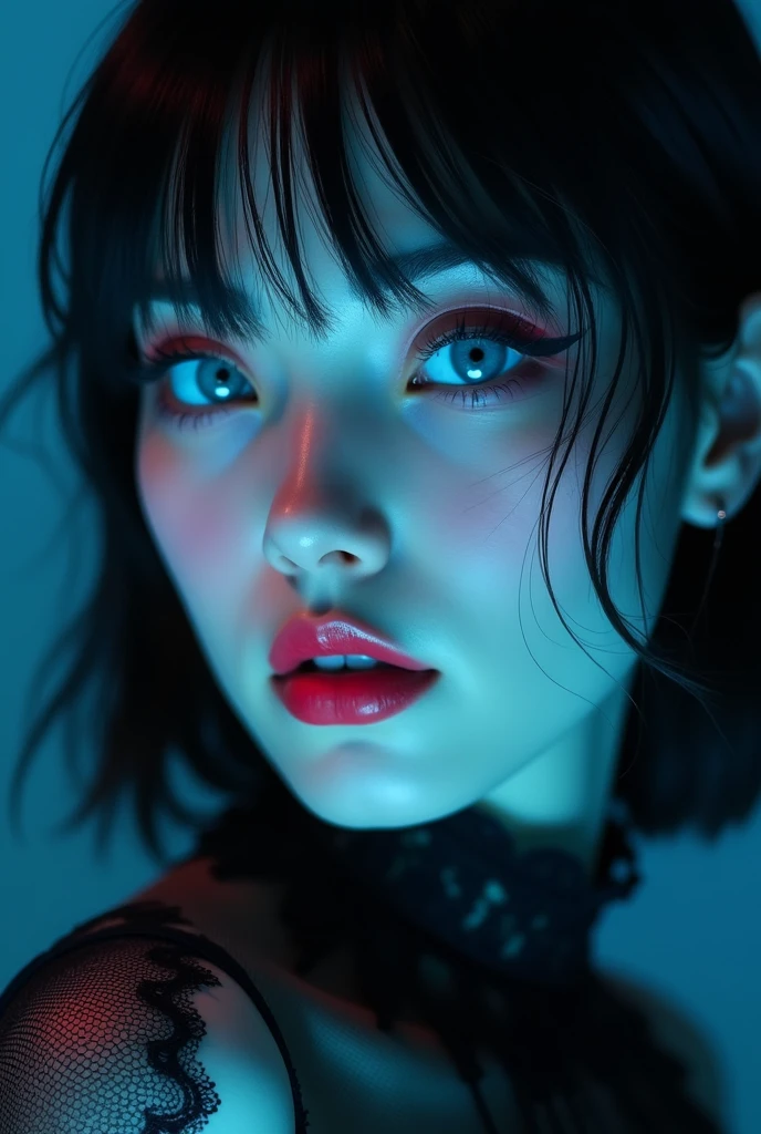 (Photorealism:1.1) goddess of hell, half-turn portrait, Close-up, Blue eyes, pale skin, black hair color, high detail portrait, Highly detailed skin, high skin realism, high lace collar, red neon lighting, without double exposure, Without flowers, European facial features