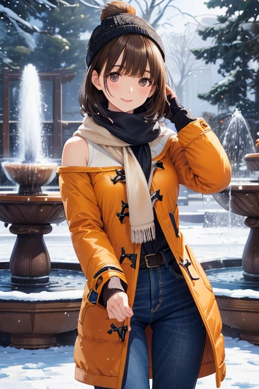 anegasaki nene、Shiny brown hair, short hair, (Beautiful brown eyes、Sparkling eyes, Fine grain)、smile、Ultra-detailed eyes、Highly detailed face, Highly detailed eyes,



(((In front of the fountain in the snowy park:1.3))),
cute and beautiful adult woman,Cute round face,かわいいsmile,(((orange short duffel coat:1.3))),(White off-the-shoulder sweater),Jeans pants,Knitted hat,Scarf,gloves,Knee-high boots,
Detailed clothing features,Detailed hair features,Detailed facial features,(Dynamic Angle),(Dynamic and sexy pose),Professional Lighting,Cinematic Light,(Tabletop,Highest quality,Ultra-high resolution output images,) ,(8K quality,),(SeaArt 2 Mode:1.3),(Picture Mode Ultra HD,)