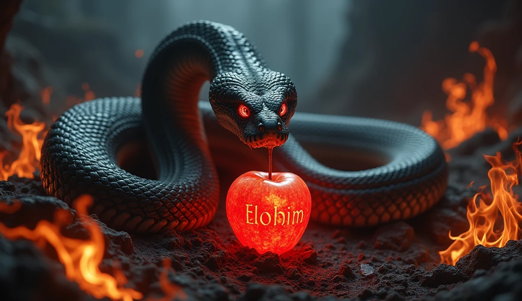 a large python snake with its mouth open wanting to attack, looking ahead, The snake's tail is wrapping around a glowing apple., in the midst of an intense darkness of hell, surrounded by much fire, The apple has letters written on it that say Elohim, The python snake staring with red eyes, moving darkly.