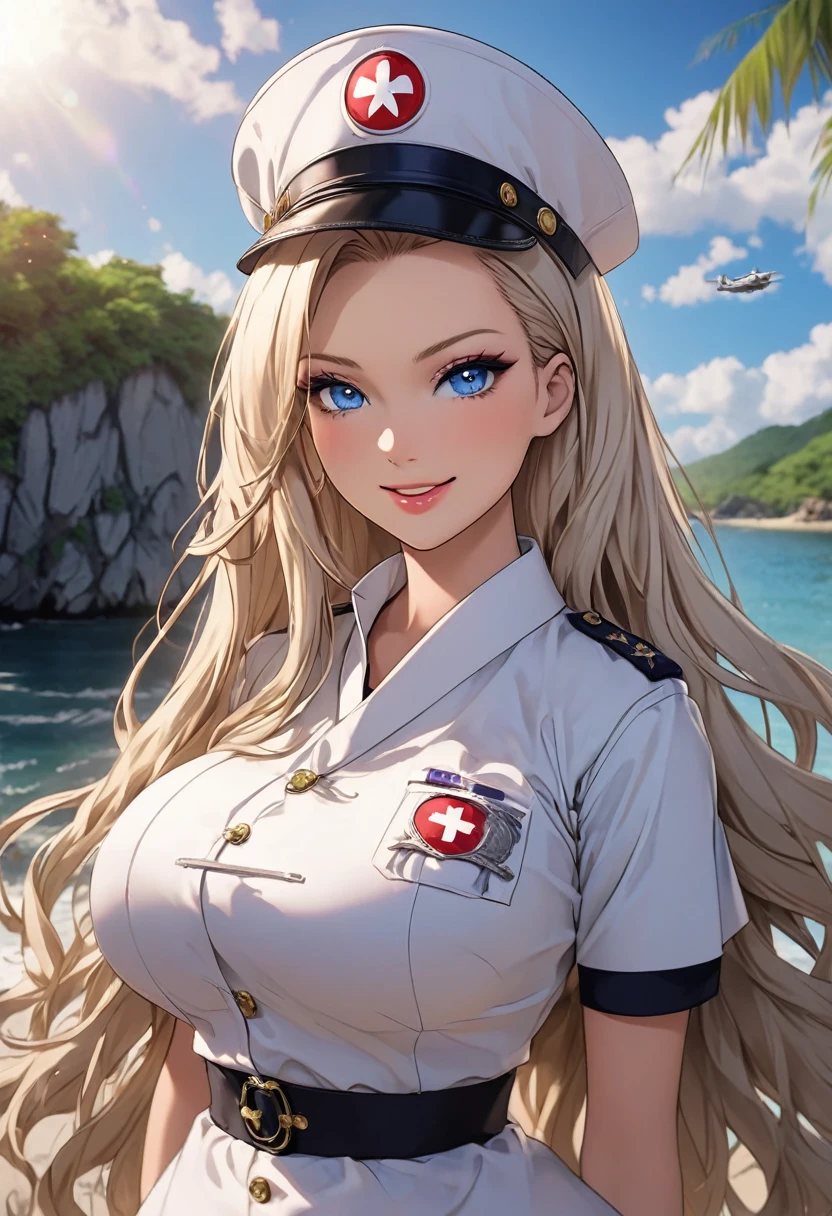 ((masterpiece, best quality, highly dramatic picture,((imperial Japanese army)), ((barbie)), cinematic lens effect, ((busty bitches)), perfect Anatomy, exquisite lighting)) My friend's exotic milf Mom doing a sexy photo shoot( nurse uniform, random hair colour, long dreadlock hairstyle, evil seductive smile, sapphire bracelet, hair clips,confident pose)(location:  bleak island outdoor venue) 