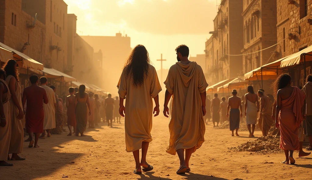 "A vibrant scene of the ancient city of Sodom, captured in rich detail. two mens, who are in fact angels in disguise, they approach the city gates. They are clothed in simple tunics, typical of the time, with leather sandals. One of them has long, flowing hair, while the other has a more robust and imposing appearance. The city in the background is a representation of depravity, With dusty streets, tents and shops selling various goods. The faces of the inhabitants reflect an atmosphere of excess and debauchery, with scenes of wild parties and immoral behaviors visible nearby. The dawn sky creates a striking contrast, adding an atmosphere of tension and foreboding. The image should evoke a sense of duality, between the innocence of the angels and the corruption of the city."