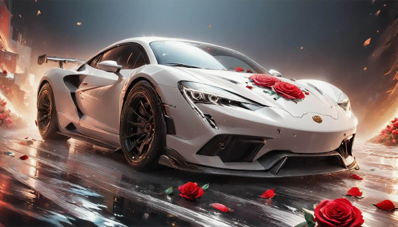 a picture of a (white sports car: 1.4) with (roses: 1.5) imprints on it, dynamic background, Ultra-high resolution, High Contrast, (masterpiece:1.5), highest quality, Best aesthetics), best details, best quality, highres, 16k, (ultra detailed: 1.5), masterpiece, best quality, (extremely detailed) RAW, (ultra details, Masterpiece, best quality),  Cinematic Hollywood Film, NRART, roses