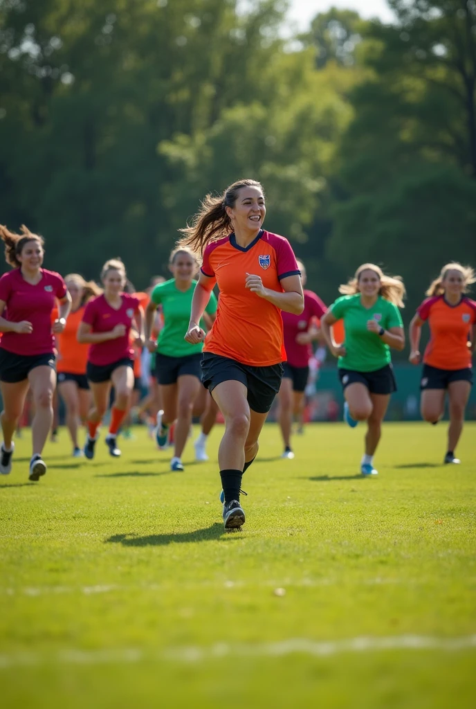 Women's flag football practice, American football use, no helmet and flags on the sides at the hips