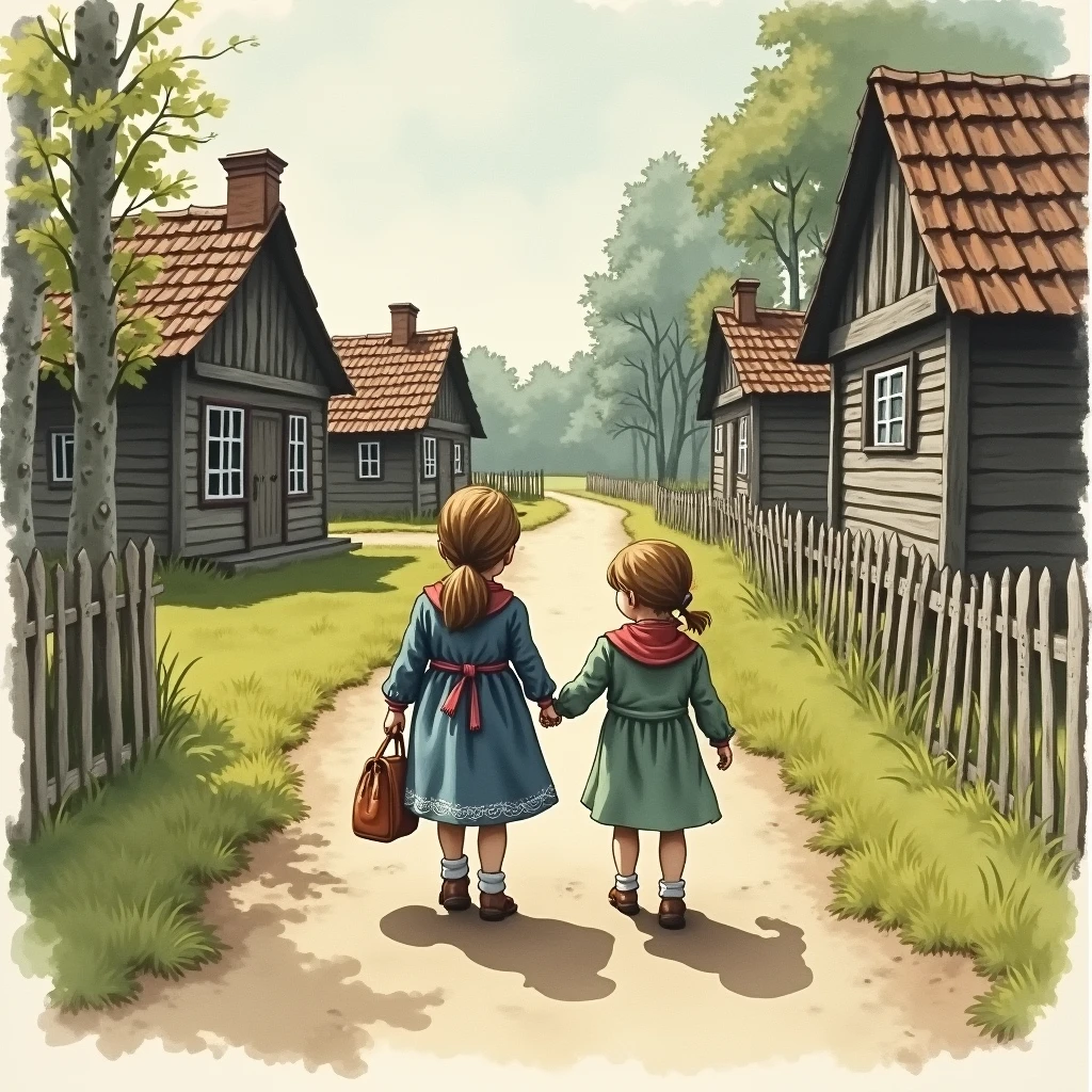 Watercolour picture of small girl and her old grandmother walking through few wooden hauses in small village to the forest in 1945 year in Lithuania. They keeps hands and girl has a bag in one hand. They are talking. The view shoul be from back side of them.