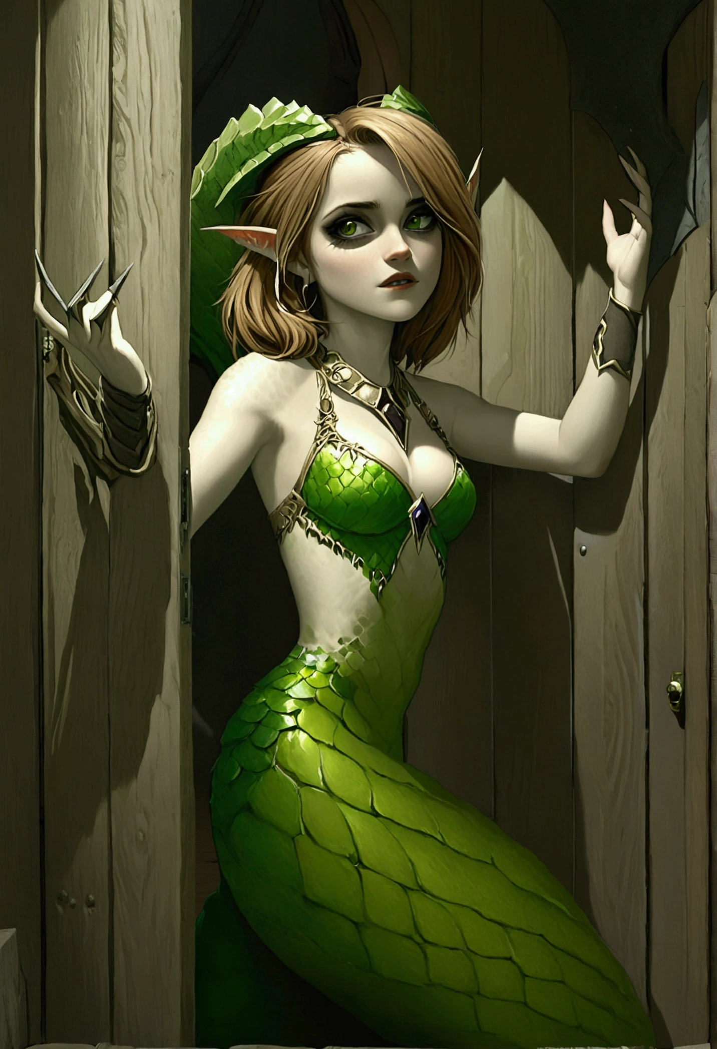 lamia, solo, Emma Watson, demon horns, pointy ears, demon girl, one hand holding doorframe, broken door, wooden door, one hand on hip, halter top, green scales