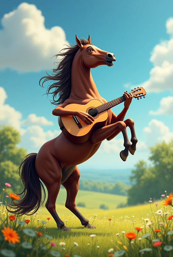 A brown horse singing sertanejo music with a guitar 