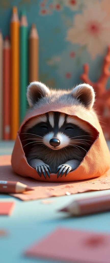 A stunning and conceptual 3D render of a sleeping fluffy baby raccoon, cradled in a paper hole that serves as a cozy blanket. The raccoon's tiny head and adorable front paws peek out from the hole, while the rest of its body remains hidden within. The artist's workspace surrounds the raccoon, featuring a drawing pad, pencil, and eraser, highlighting the creative tools and inspiring environment that fuels the artist's imagination. The background blends reality and fantasy, showcasing various art supplies and visual elements. This masterful composition embodies the spirit of a playful and imaginative mind, seamlessly merging the worlds of reality and fantasy., photo, 3d render, conceptual art