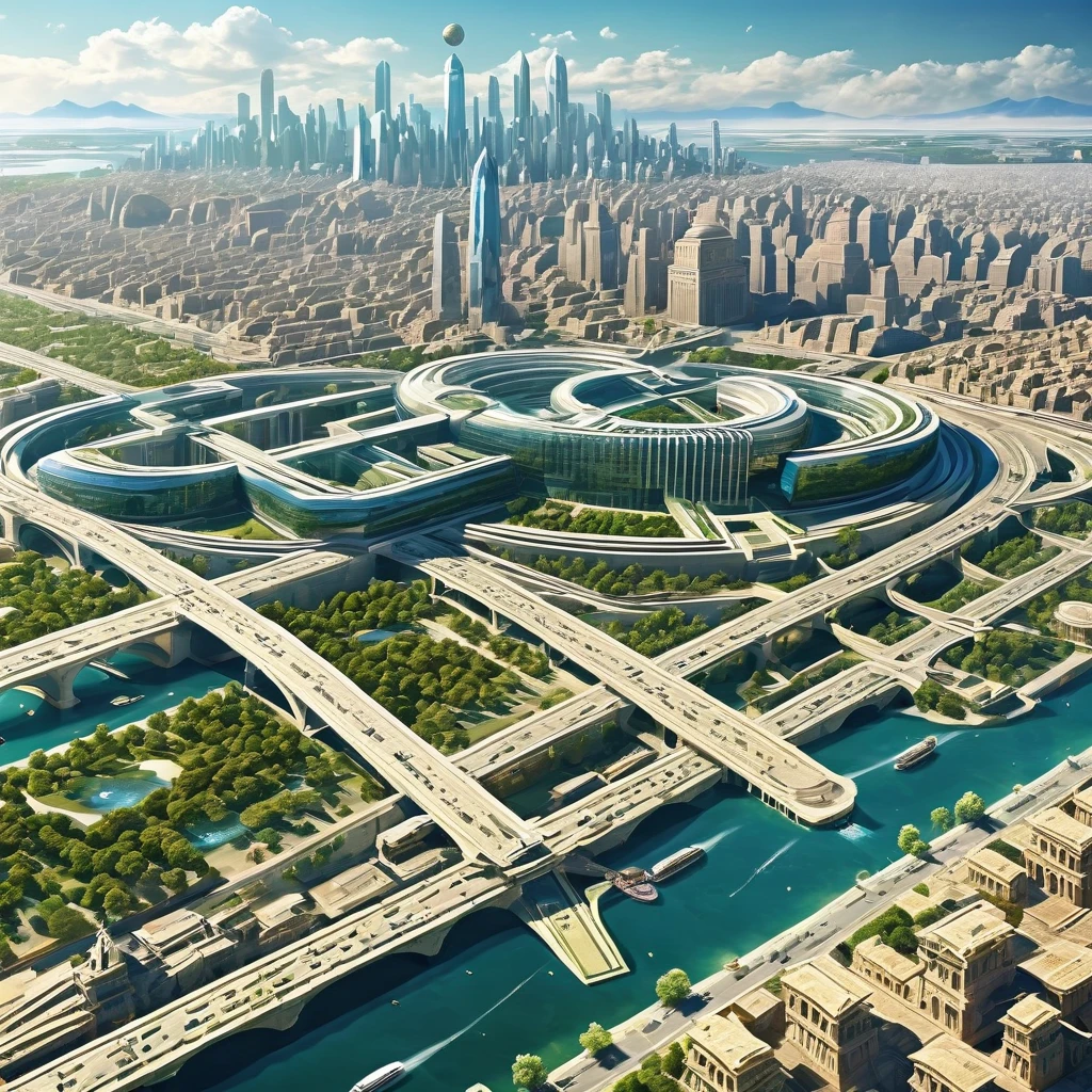 Create an AI masterpiece that explores the concept of time travel. Show a contemporary cityscape seamlessly merging with an ancient civilization, where past and present coexist.