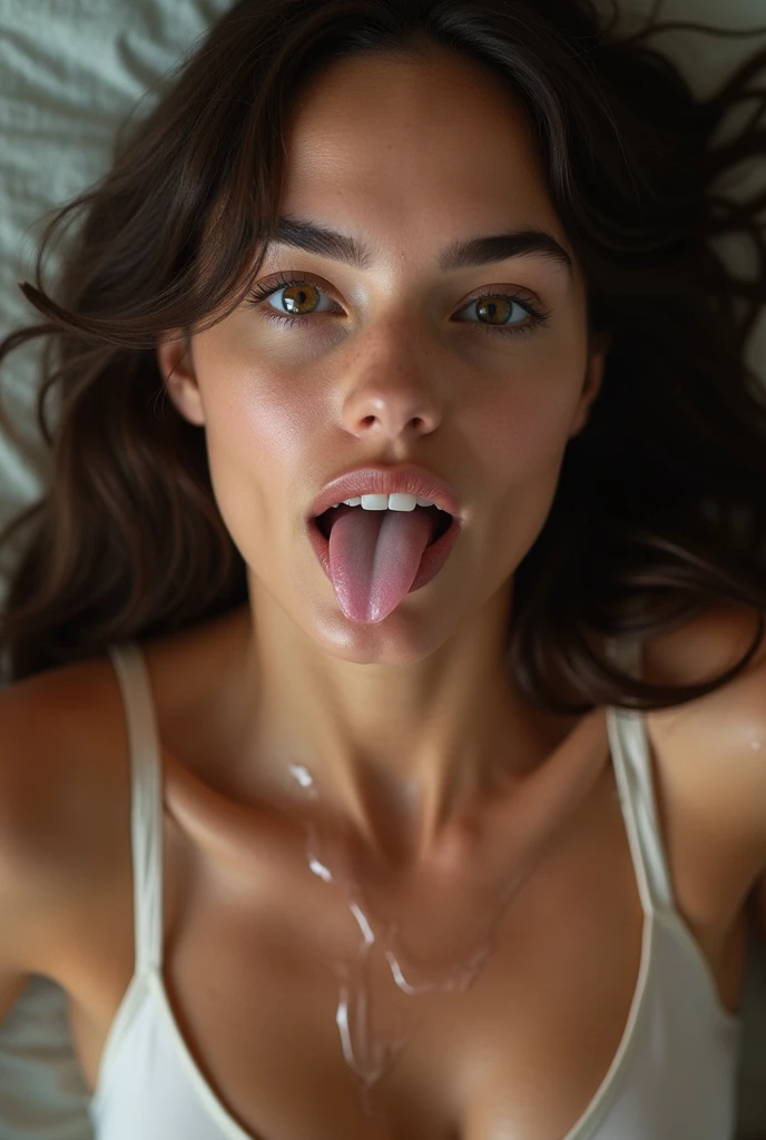 most beautiful gal gadot, 17yo, on her knees, looking up at the camera, (most detailed beautiful half-closed eyes:1.2), slight smirk, desire, perfect tongue, perfect mouth open, in position as if trying to catch raindrops that are not there on her tongue, (tongue covered in very thin runny clear glue, dripping down all over her bare ample chest:1.2), hands behind her back, sticking her breasts out to create a large area for the viewer to aim at, sitting on her feet, viewer squirting long thin ropes of clear glue across her face and chest from the tip of his penis, perfect puffy nipples, shot directly overhead, gorgeous, very cute, most attractive, most arousing, sensual, intimate, alluring, lascivious, appealing, enticing, tempting, (tip of the viewer's erect penis visible in the bottom of the shot:1.3)