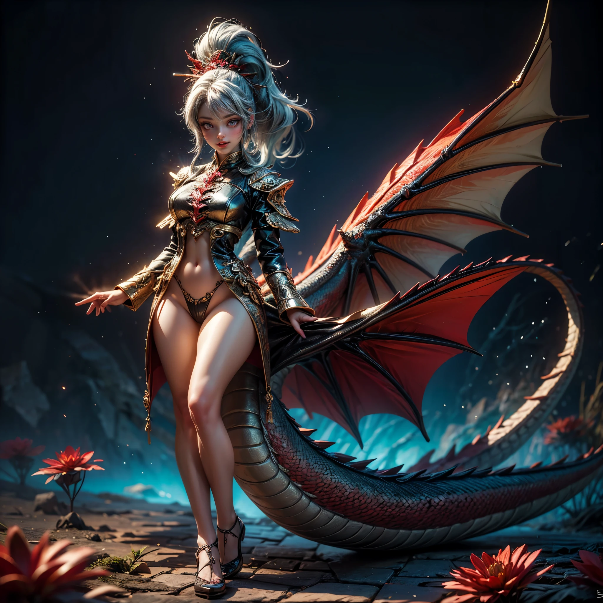 (Full Body of Extremely Detailed Dragon girl) with (Sparkling Red eyes) Cyan hair in a high ponytail, liquid hair, flowers, (Huge dragon head) in background, 8K TopQuality UltraDetailed Masterpiece of Professional Photo, HDR ultra-fine painting, LifeLike rendering, extreme detail description, professional, Bright colors, bokeh, (Exposed Hourglass Body Shape)