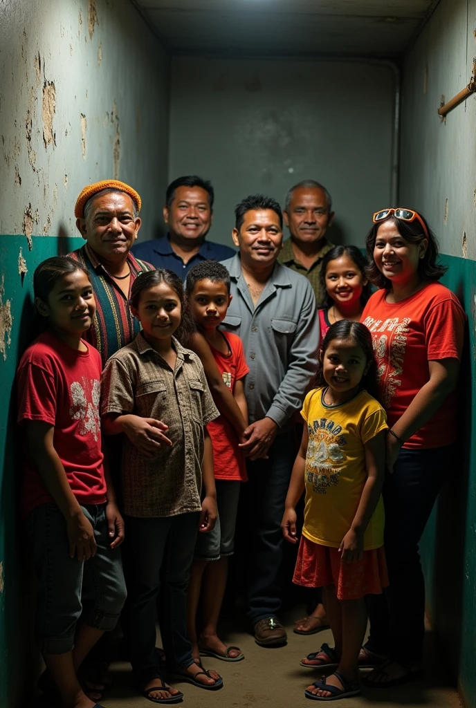 Create an image of 10 people where there is a large family., of Sikuani ethnicity and mestizos among men, in prison, boys and girls and young people