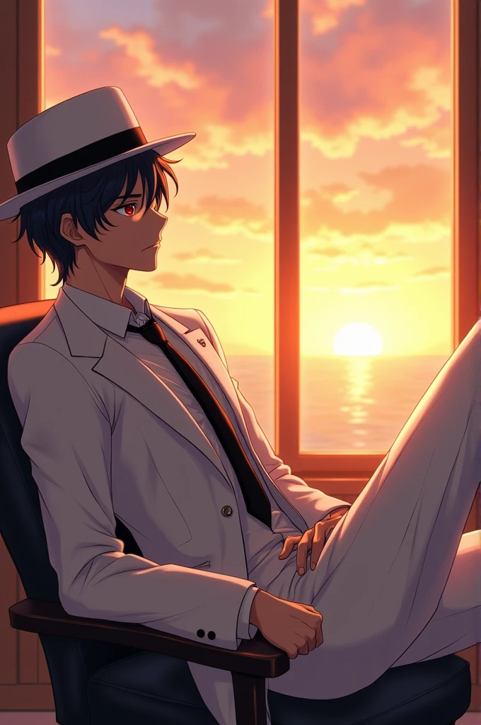 Create a man in a white suit sitting on a window watching the sunrise with a white and black hat anime style