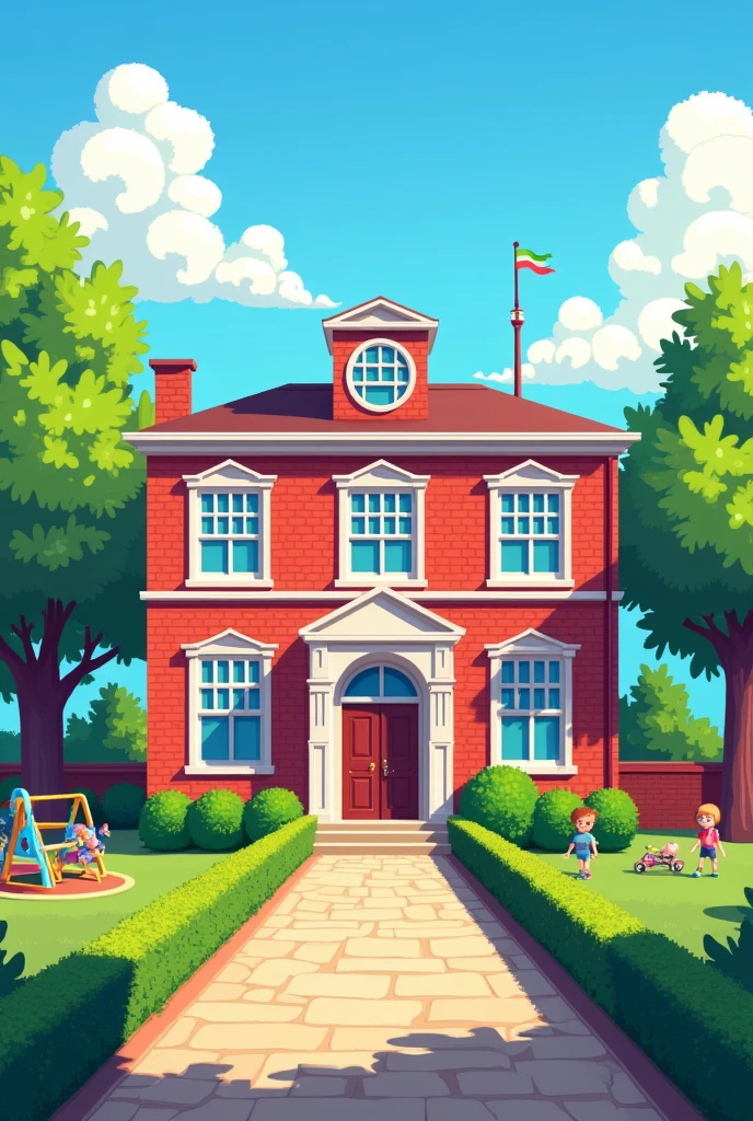 Create a 2D pixel art school from the front
