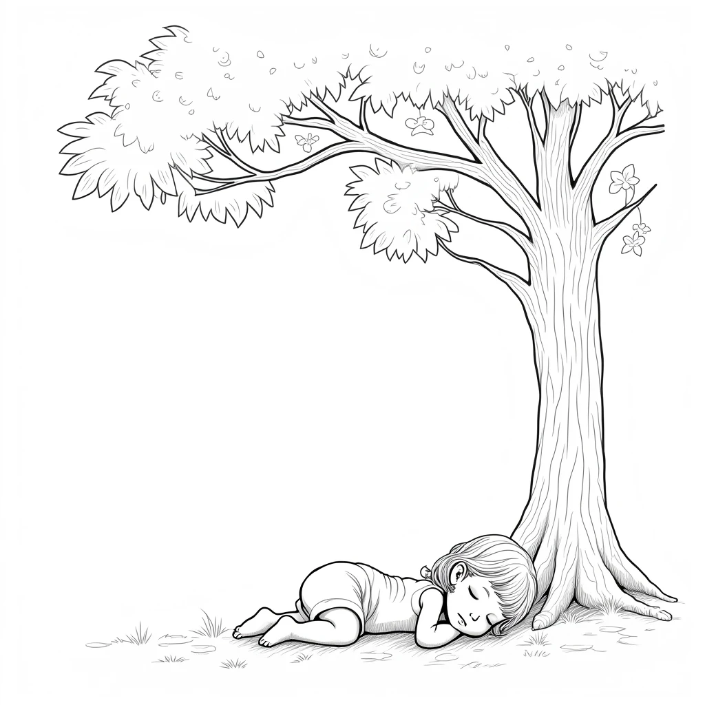 Sleeping peacefully under a tree. line drawing style for children's coloring on white background