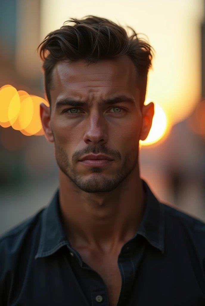 photorealism, ultrarealism, 8k, super detailed, a very handsome man 30 years old, caucasian, oval shaped face, grey-green eyes, wide forehead, narrow jaw, round cheeks, thick eyebrows, thick eye lashes, gloomy glance, wide cheekbones, straight nose with wide nostrils, thin upper lip, thick lower lip, very short dark hair, dimples, sportsman