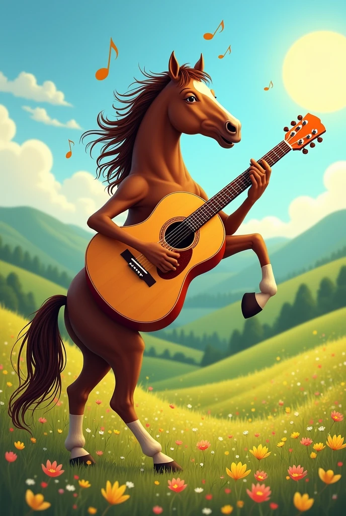 A brown horse singing sertanejo music with a guitar
