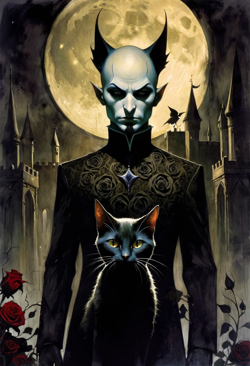 young man and satanic black cat, very thin, bald, with black beard, magician,black roses, castle, wrapped in dark energies, black energies, magic, moon, black and white image, between shadows, oil painting, chiaroscuro, dramatic lighting, moody atmosphere, photorealistic, intricate details, masterpiece, ultra-detailed, high quality, 8k, best quality, realistic, cinematic, dark and brooding, expressionistic, powerful composition, emotional impact, art inspired by Bill Sienkiewicz and Dave McKean