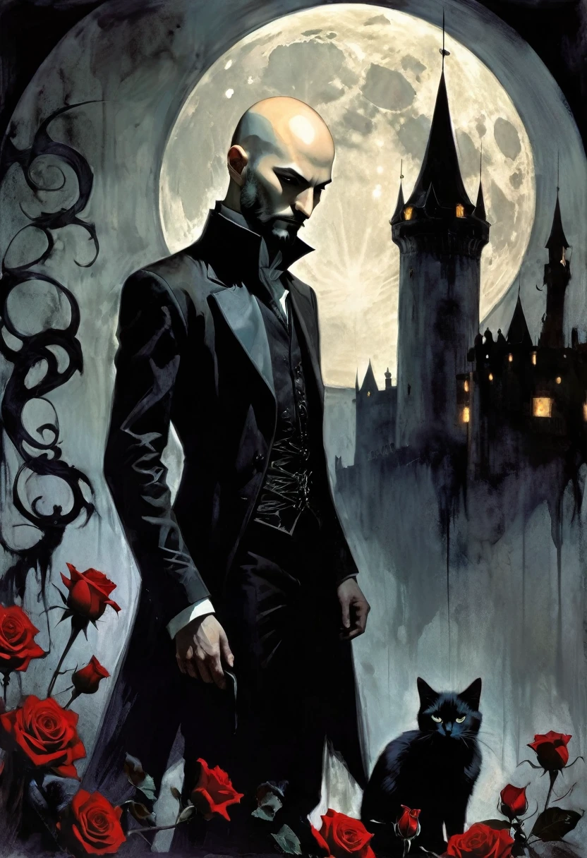 young man and satanic black cat, very thin, bald, with black beard, magician,black roses, castle, wrapped in dark energies, black energies, magic, moon, black and white image, between shadows, oil painting, chiaroscuro, dramatic lighting, moody atmosphere, photorealistic, intricate details, masterpiece, ultra-detailed, high quality, 8k, best quality, realistic, cinematic, dark and brooding, expressionistic, powerful composition, emotional impact, art inspired by Bill Sienkiewicz and Dave McKean
