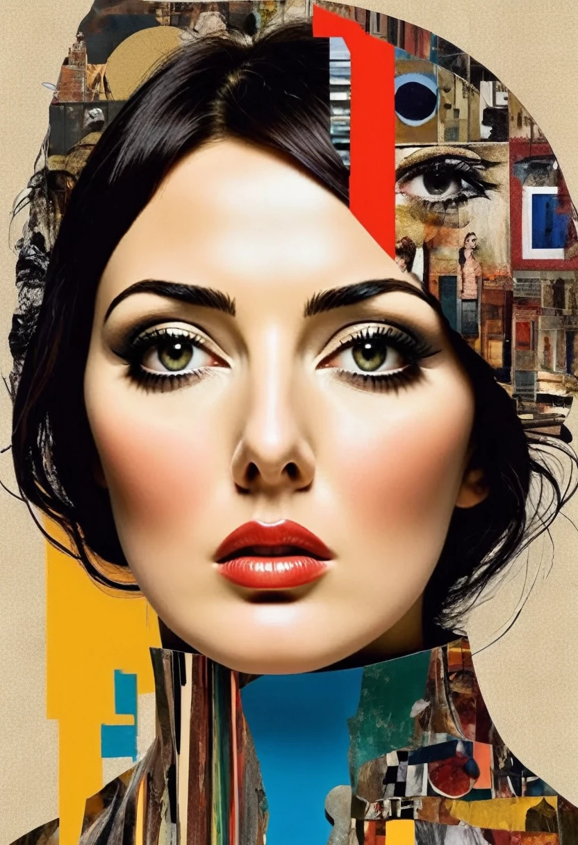 Monica Bellucci themed, Surreal and strange dislocation art：Collage, There are many different things on the faces, somber colors, Geometric Dislocation, Hollow, Artistic sense, Painting, paint, Simple, effect, Collage, Conceptual art, Dadaism, erotic 
