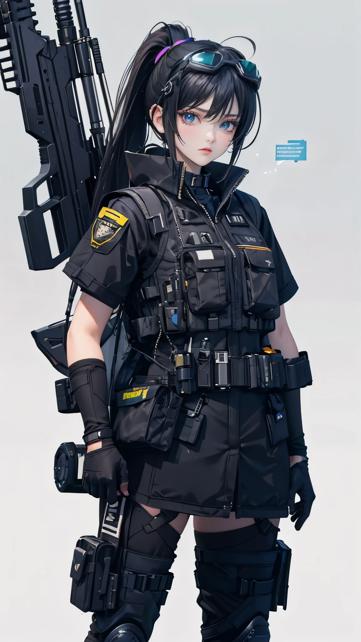 A handsome girl，22 years old，Tactical Vest，Tactical Headset，Tactical goggles，Blue and black combat uniform，Black hair，Single ponytail，Black fingerless gloves，Intercom，Science fiction rifles