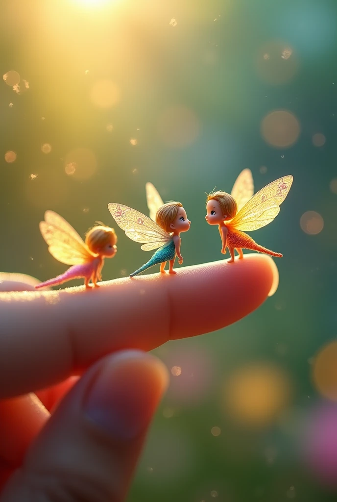 Delicate mini anime fairies, tiny and enchanting, are depicted perched delicately on the tip of a finger. This breathtaking image, captures the ethereal beauty of these diminutive creatures. Every intricate detail is carefully rendered, showcasing their intricate wings glistening in vibrant colors and their miniature bodies adorned with intricate patterns. The artist's masterful technique ensures that even the tiniest features of the fairies are exquisitely depicted, allowing viewers to appreciate the sheer quality and precision of this enchanting image, playful body manipulations, smile, gaze into the camera, Whimsical lighting, Enchanted ambiance, Soft textures, Imaginative artwork, Ethereal glow, Silent Luminescence, Whispering Silent, Iridescent Encounter, pixie dust glittering, vibrant background, by Skyrn99, full body, (((rule of thirds))), high quality, high detail, high resolution, (bokeh:2), backlight, long exposure:2