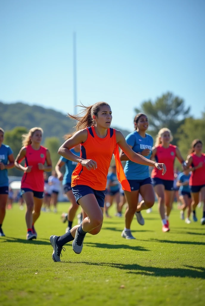 Women's flag football practice, American football use, no helmet and flags on the sides at the hips