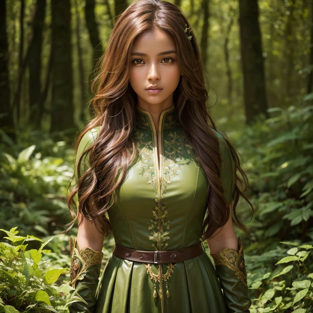 Dark Skin, Detailed beautiful young woman, Reddish golden brown hair, length, Wavy messy hair, Perfect green eye detail, Delicate, symmetrical, realistic and beautiful face, (Magical forest background),  Ranger Costume Leather Armor, Fairy, Wildflowers that blend into your hair, whole body, masterpiece, Absurd,The finer details, Rich colors, Dramatic lighting, Very detailed, Cinema Lighting