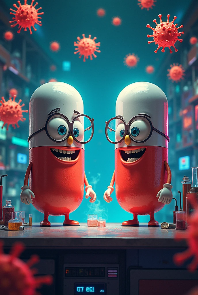A cartoon of a laboratory, full of viruses in the air, with flashing lights,and there is a table that in the center has a super bacteria being created, around this table there are 2 scientists, but they aren't human, they're giant medicine pills, wearing scientist glasses and with an evil smile
