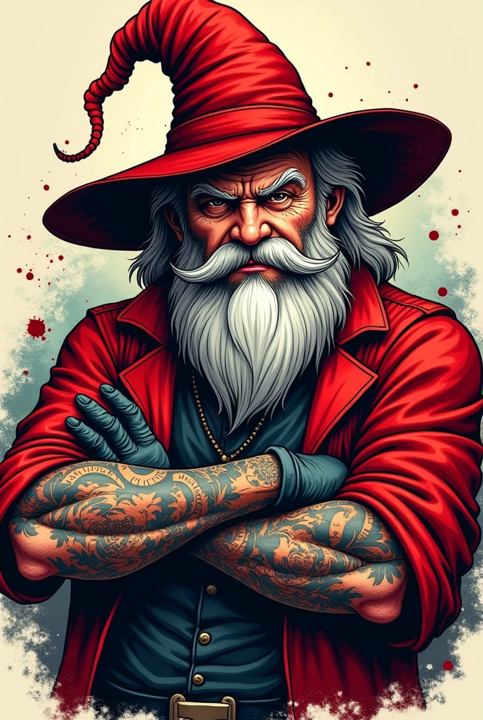 Create an anime character like an old male with a mean face holding a tattoo machine for a tattoo studio logo. His name is Wizard, he wears red clothes and has tattoos. The image is only from the chest up. , He has a big red anime wizard hat,