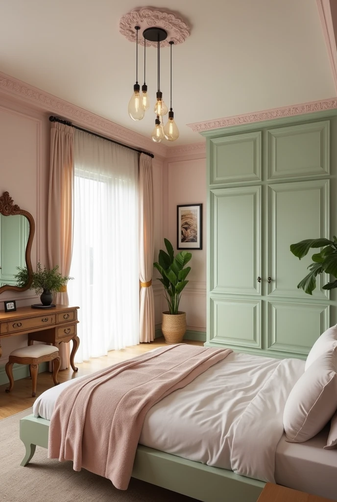 Pastel theme bedroom for couple with tv, closet and vanity