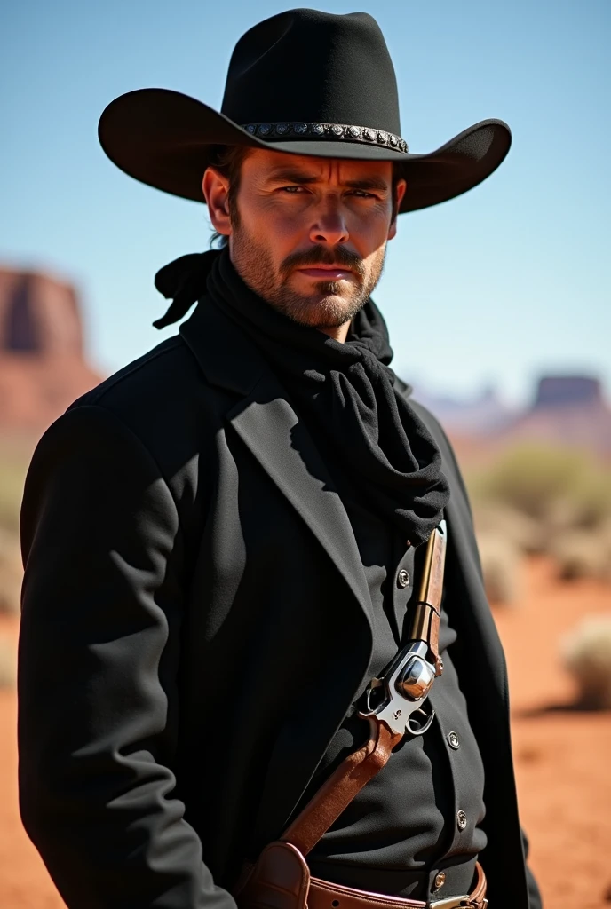 profile pic: American OLD West Cowboy, black bandana, black hat with iron details, dark clothes, a holster with a Peacemaker revolver.