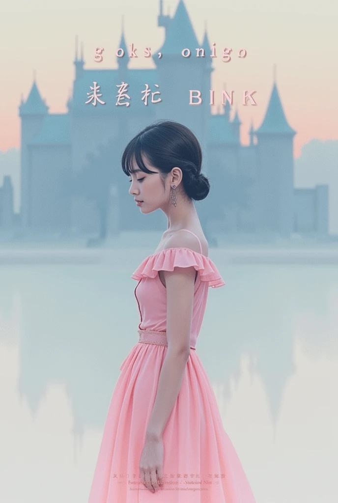 The cover of Pastel Pink Girl by Japanese artist Sakura Rina shows a female figure in pastel pink with a contemplative gaze., highlighted in front of a castle in blue and gray. The minimalist design uses a muted palette and includes subtle details to reflect the betrayal and disillusionment of the lyrics.. The title is displayed in a stylish font, with the artist's name positioned in a complementary way.