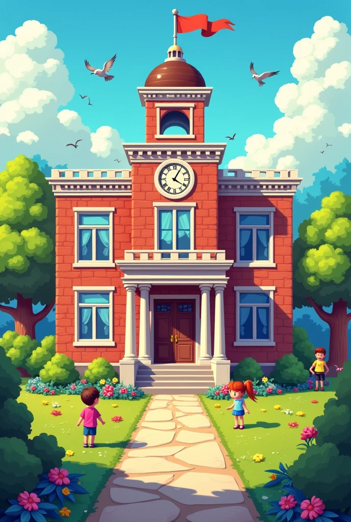 Create a 2D 8-bit school in front view