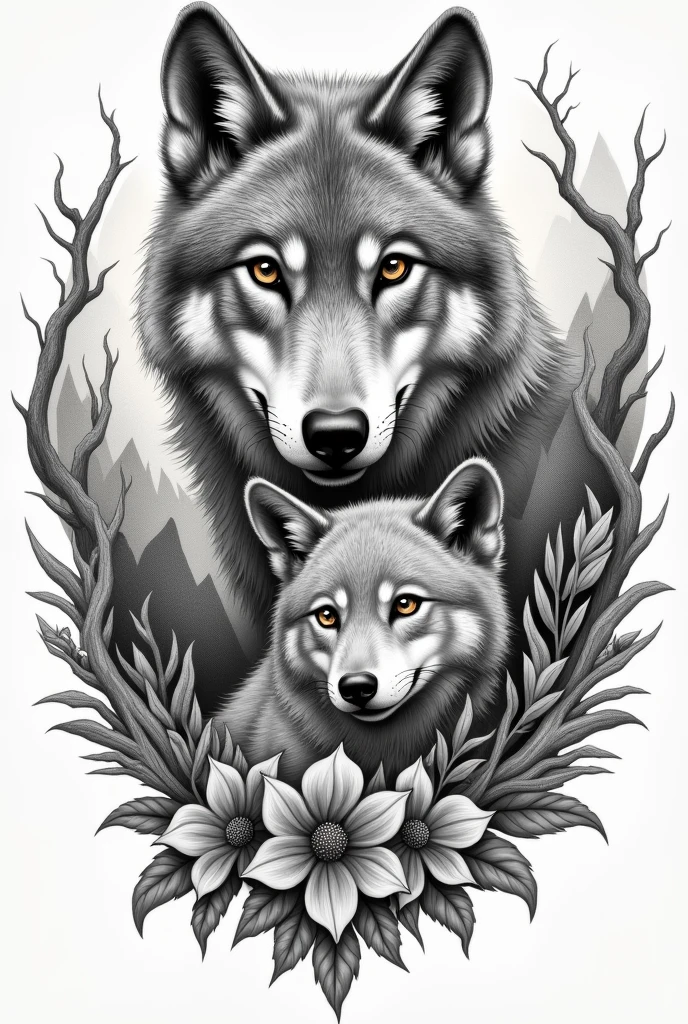 A drawing of a she-wolf and a wolf cub who have walked a hard road called life, a tattoo sketch