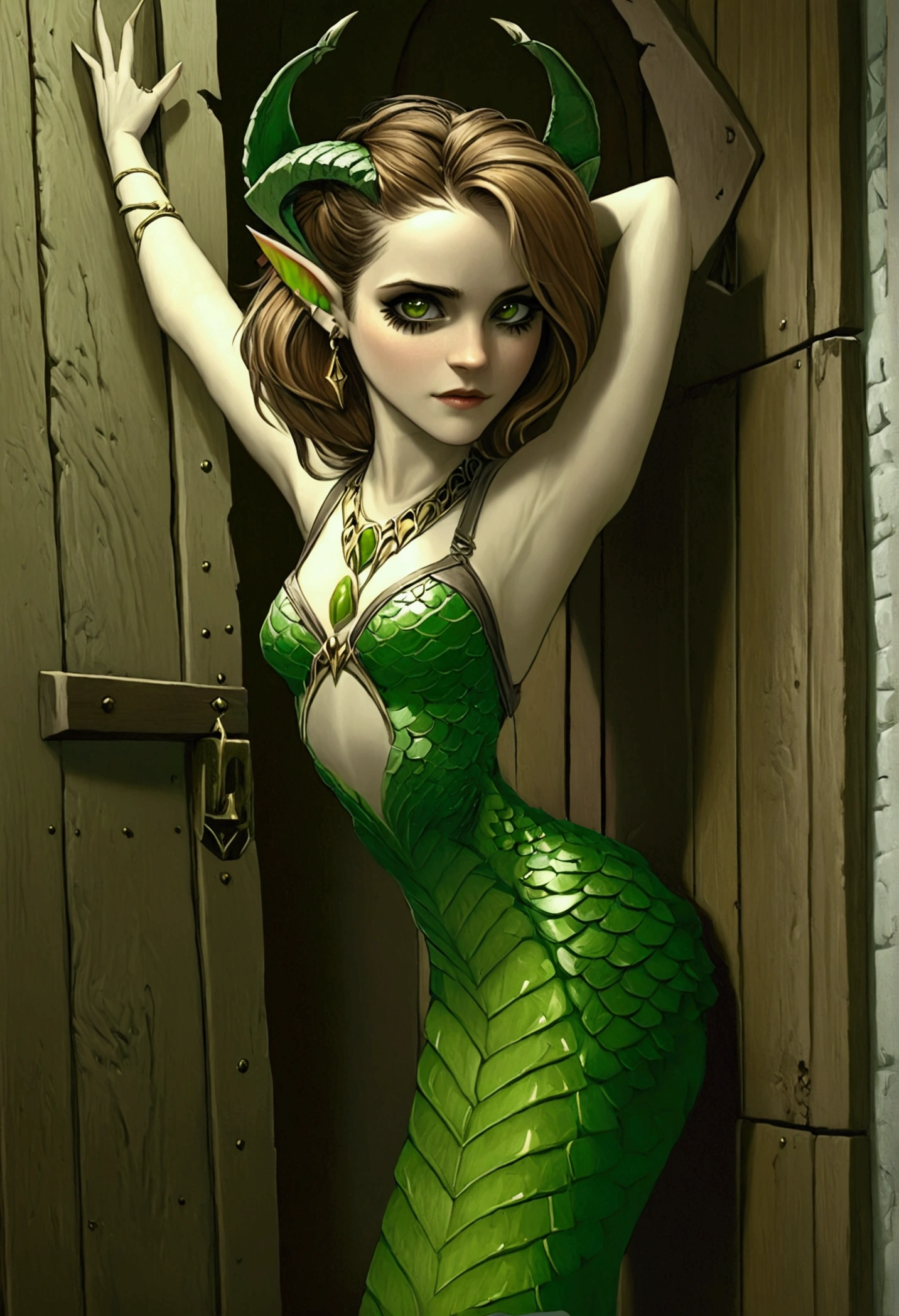 lamia, solo, Emma Watson, demon horns, pointy ears, one hand holding doorframe, broken door, wooden door, one hand on hip, halter top, green scales 