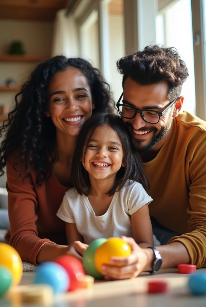 family, 3 year old girl with straight black hair, no glasses, mom with black wavy hair, brown skin and brown eyes, dad with glasses, light skin, short black hair and beard
