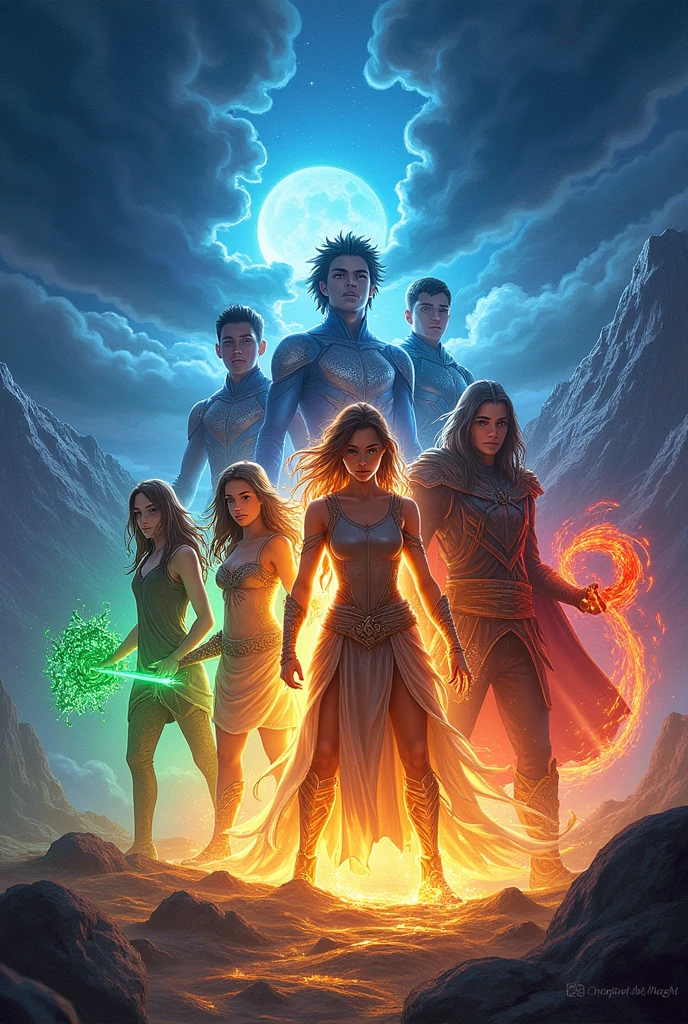 A cover for a book called the Guardians of Light "The Quest for the Guardians"
After the defeat of evil in the first book, the young heroes embark on a perilous quest to find the lost Guardians, legendary beings who possess the knowledge necessary to protect their world from future threats. On their journey, They uncover dark secrets about their past and face difficult decisions. The cover features three women: one with dominion over the earth, another over light, and the other over fire. There is also a man with dominion over water, another over air, and one over darkness.