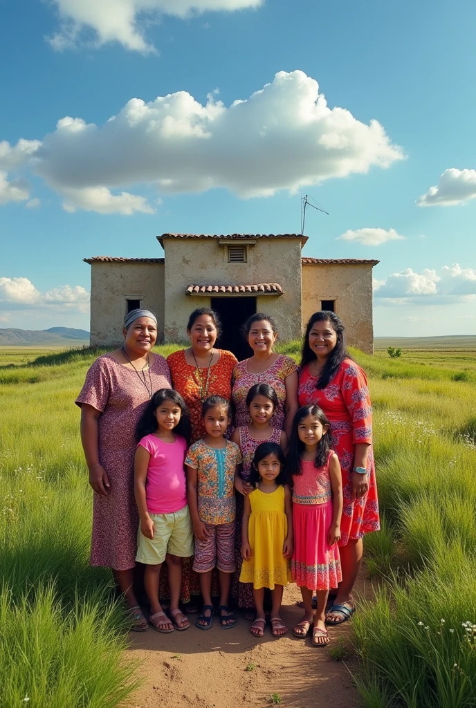 Create an image of 10 people where there is a large family., of Sikuani ethnicity and mestizos among men, in prison, boys and girls and young people. in a beautiful field of the llano landscape