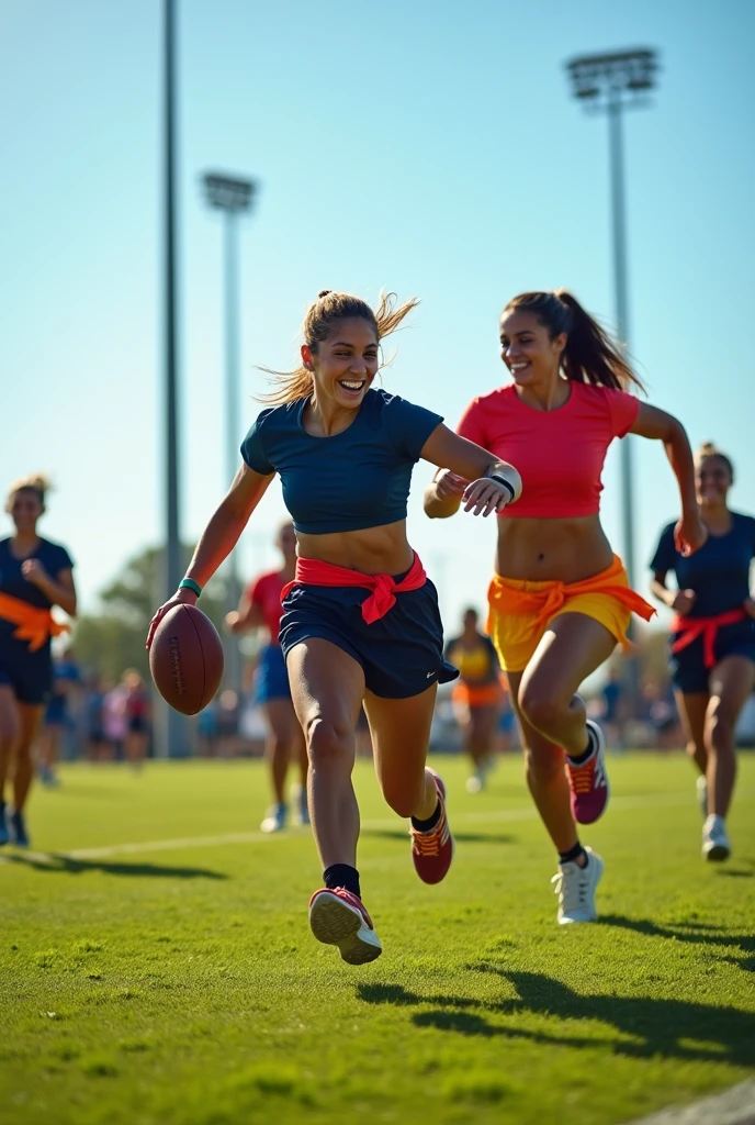 Women's flag football practice, using American football, no helmet and flags on the sides at the hips
